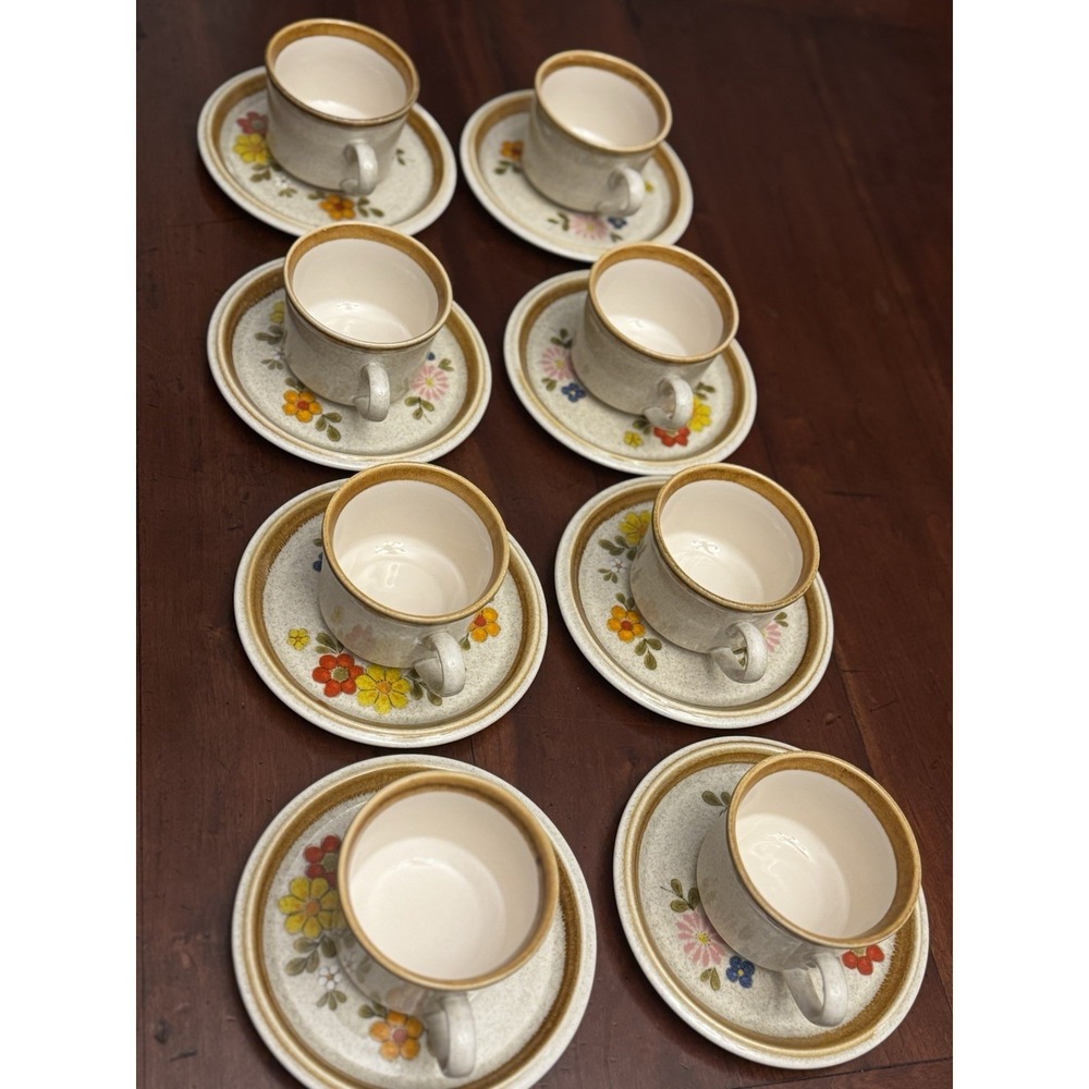 Set Of 8 Vintage Mikasa Stone Manor Floribunda Cups & Saucers